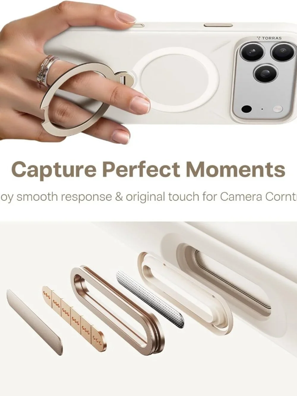 TORRAS Q3 iPhone 17 Pro Case MagSafe 360 Spin Kickstand Silicone Light Ivory